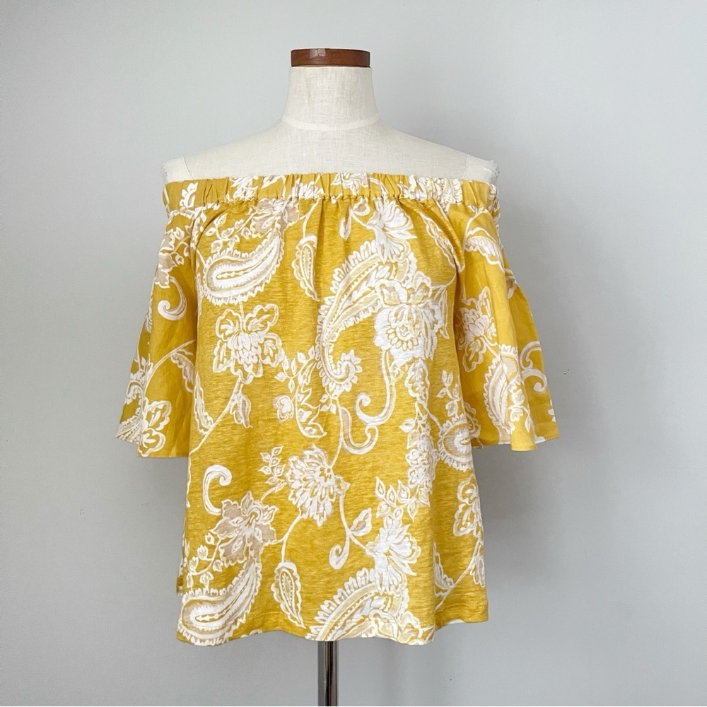 Chico’s yellow paisley print off the shoulder linen top size 0 or Small NWOT
